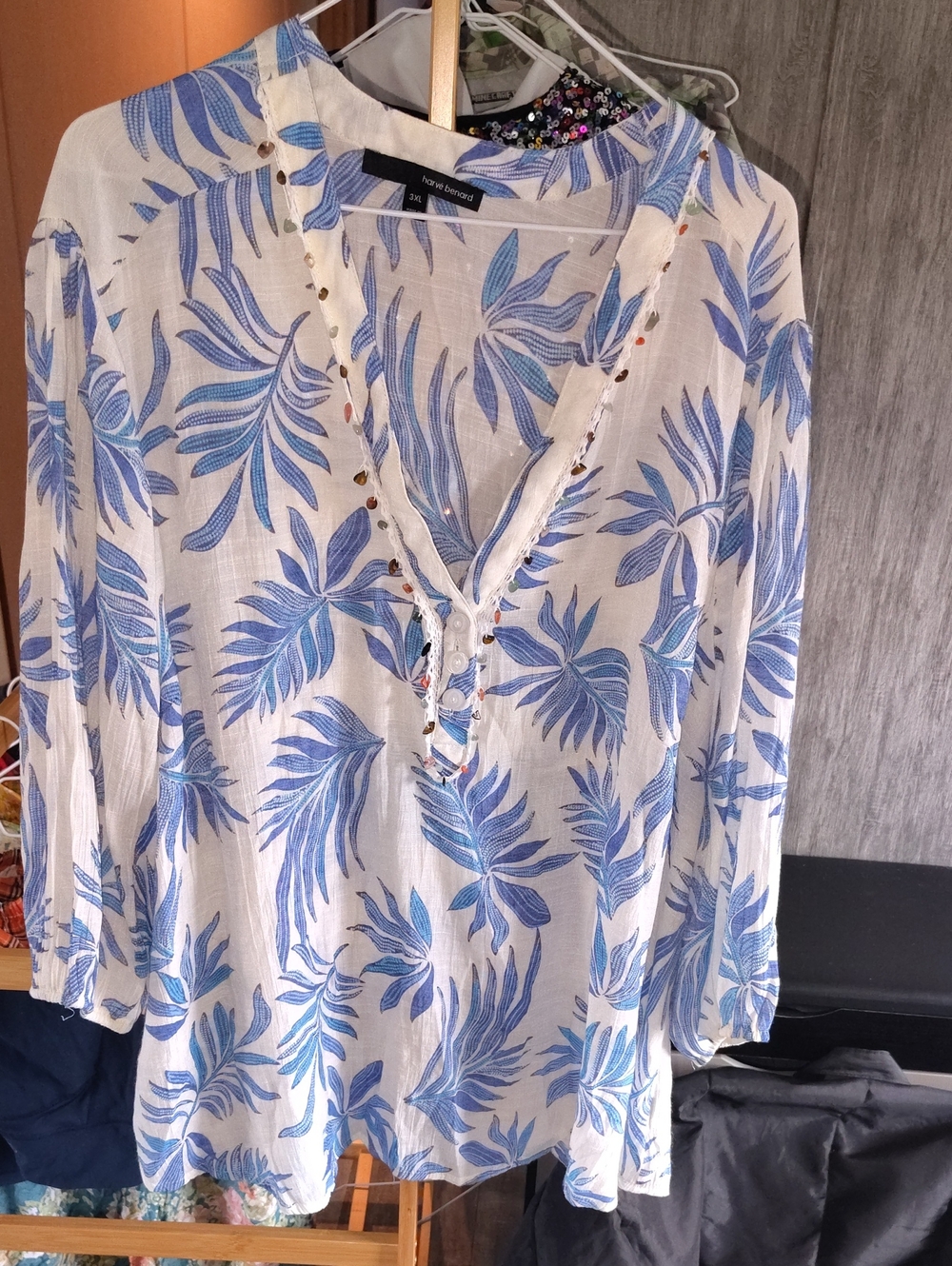 Harve Benard White Tunic with Blue Leaf Print